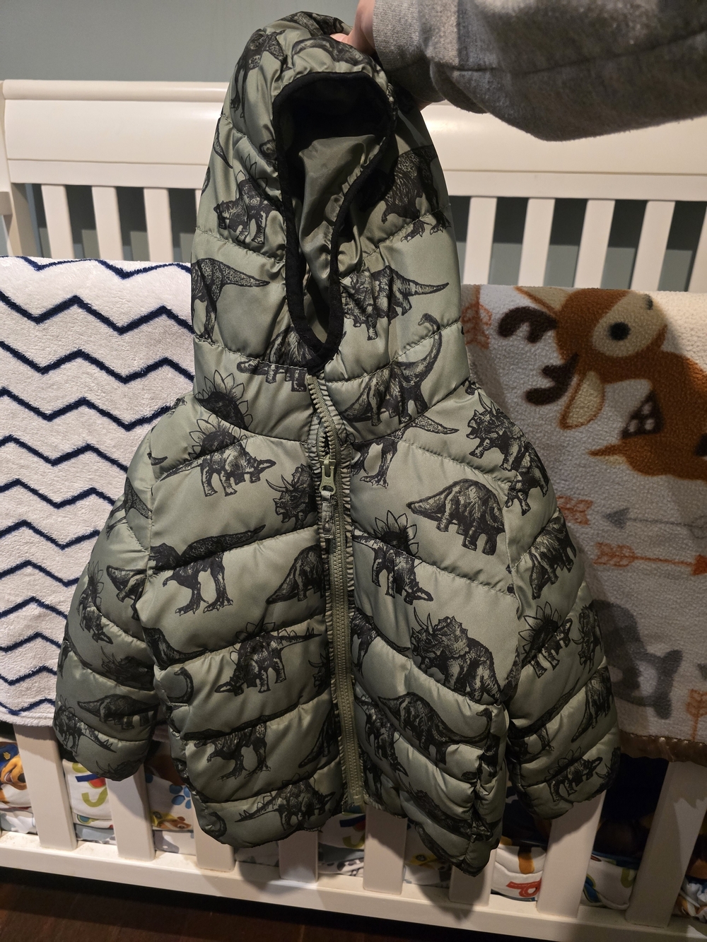 The Children's Place Olive Green Dinosaur Puffer Jacket with Hood